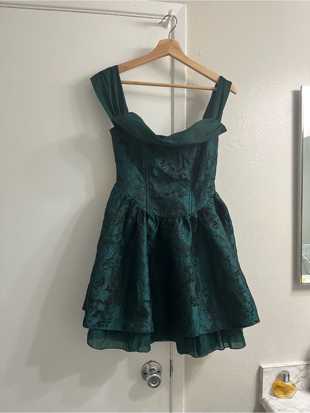 Lulu's Emerald Green Strap Fit-and-Flare Jacquard Dress